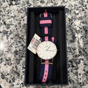 Daniel Wellington Rose Gold Watch with Navy & Pink Stripe NATO Strap